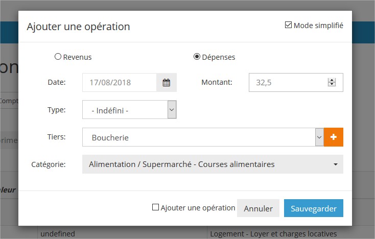 fenêtre pour ajouter une opération budgétaire
