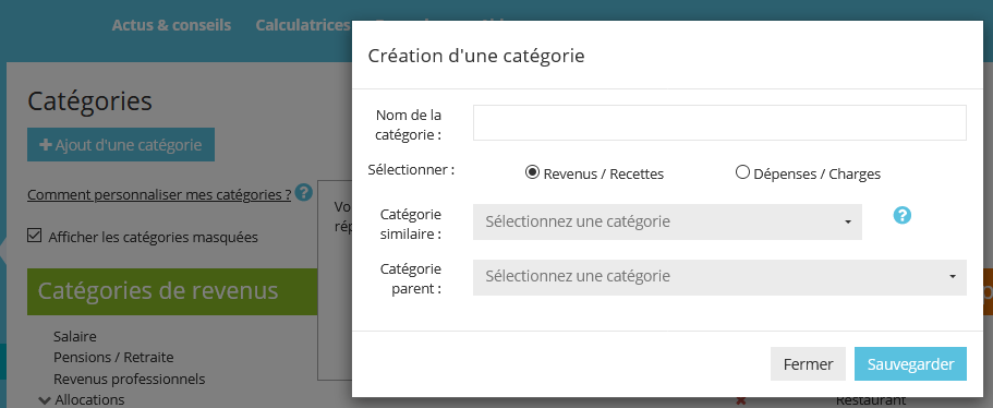 fenêtre de personnalisation des catégories budgétaires