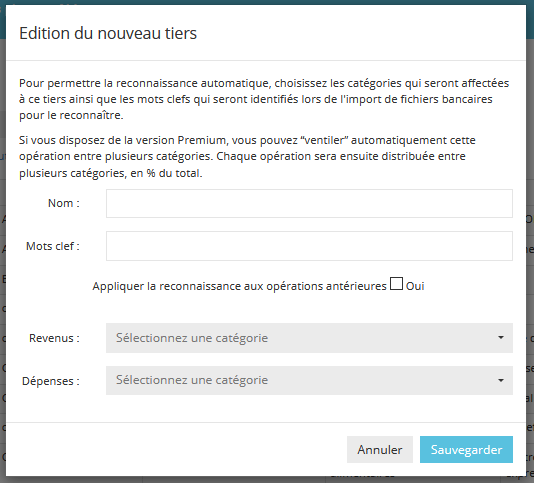 fenêtre d'ajout et de modification des tiers - Application Budget - Budgetfacile.com