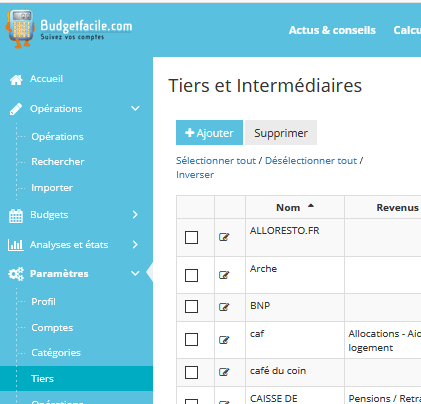 Ajouter, modifier un tiers dans l'application de budget